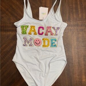 Lola + The Boys White One-Piece Swimsuit with Multicolor Sequin "VACAY MODE"